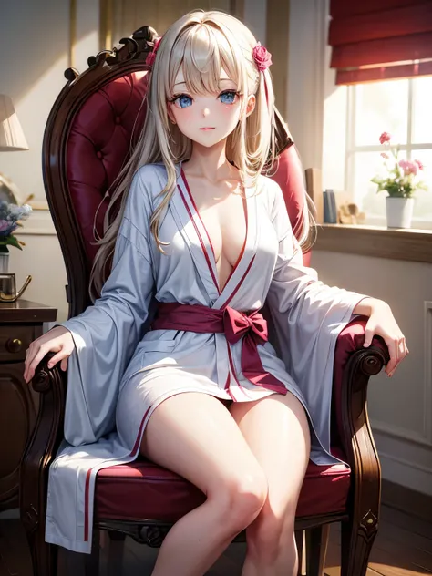 masterpiece, Highest quality, beautiful, high resolution, perfect anatomy, top-quality、 8K、  bathrobe, (woman) in a bathrobe, rocking chair, Sitting in a rocking chair,         Sitting in a rocking chair in a bathrobe、 a beauty girl、 Nice、 Beautiful hair、 ...