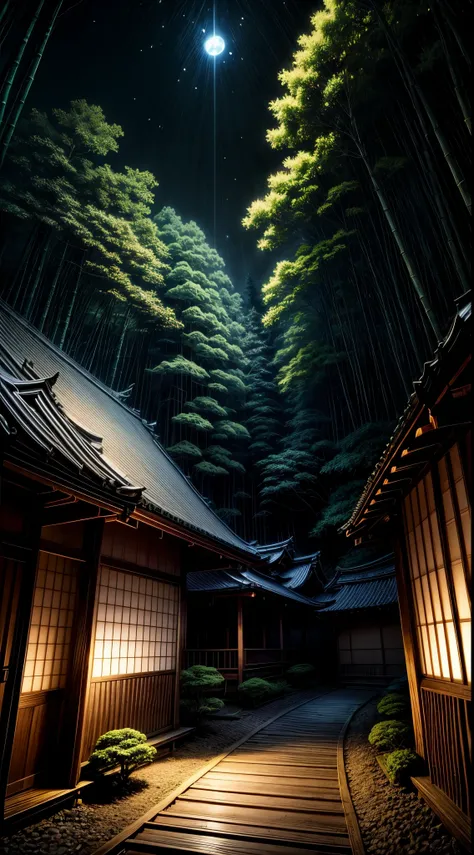 , scenery, Japanese style forest, HDR, darkness, moonlight, bamboo jungle,