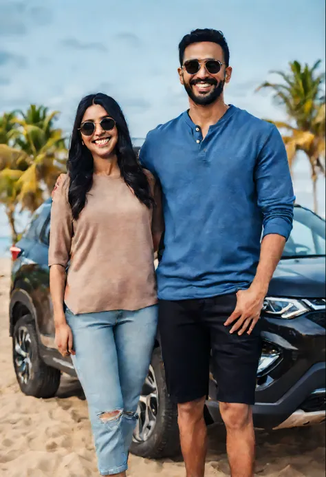 A realistic couple standing in front of their black Tata Harrier, smiling and looking at the camera. The couple is wearing casual clothes and sunglasses. The background is a beach with palm trees and clear sky.