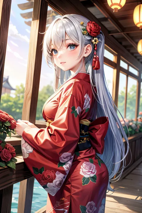 Beautiful girl in Japanese clothes surrounded by roses