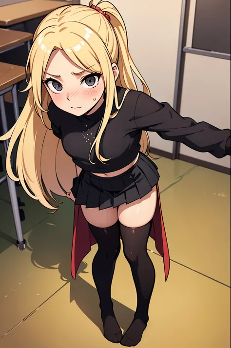 1woman, blonde hair, hair covering right eye, ow2 mercy face, blushing, spaggethi string crop top, small pleated black skirt, black thigh-highs, pulling up her thigh-highs over her thigh, pulling up her right legging, no shoes, classroom background, from a...