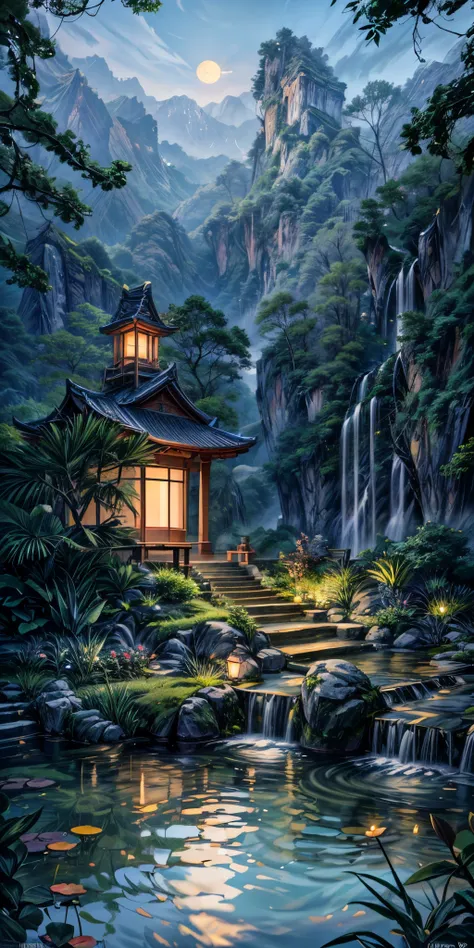 Ancient Chinese architecture, garden, bamboo, lake, stone bridge, rockery, arch, corner, rockery, tree, flowing water, landscape, outdoor, waterfall, meadow, rock, water lily, stream, lotus, moon, night view, hot springs, water vapor, (illustration: 1.0), ...