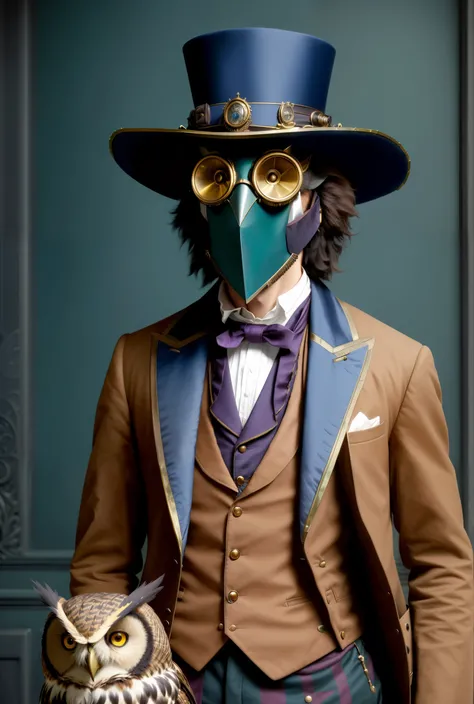 there is a man in an owl mask and with a suitcase, The Wizard of the Owl, dressed in period costume, expert high detail concept art, professor clothes, gentleman, academy director, masterpiece anthro portrait, From Cryptid Academia, based on Max Magnus Nor...