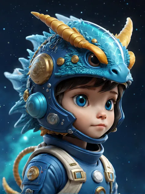 There is a small zodiac dragon with a helmet，Cute 3d rendering，little astronaut looking up，shaggy，Zodiac space cadet portrait dragon，Background with： blue， 
Cute 3d rendering of cartoon zodiac dragon，Cute and detailed digital art，zodiac dragon explorer，Min...