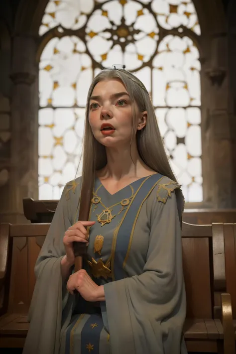 1170, Kingsbridge, England. Otherworldly scene in a medieval cathedral, ((((61-year-old)) Anya Taylor-Joy)), old, wrinkles, grey hair, witch, accusing finger, ((furious and feral expression)), ((((tunic from the 12th century)))), ((Hairstyle of the 12th ce...