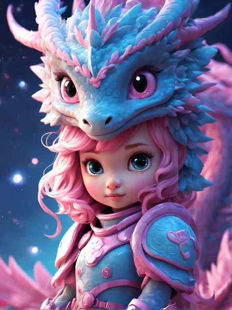 There is a little pink zodiac dragon princess wearing a helmet，Cute 3d rendering，（Long eyelashes），（Wearing beautiful light makeup），little astronaut looking up，shaggy，Zodiac space cadet portrait dragon，Background with： Blue-pink，
Cute 3d rendering of cartoo...