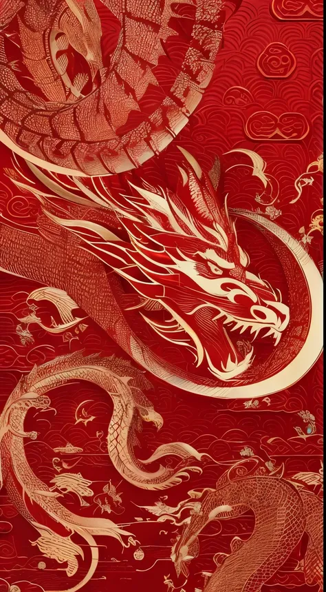 Red Chinese dragon，skin texture、Patterns、jubilation，UE5，red gold background