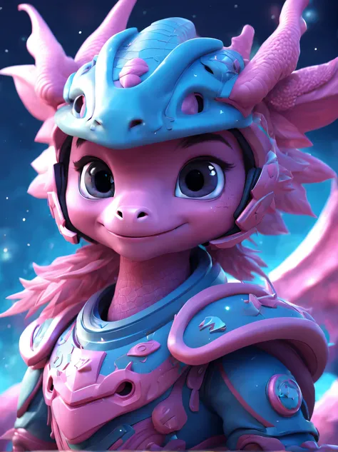 There is a small pink zodiac dragon wearing a helmet，Cute 3d rendering，（Long eyelashes），（Wearing beautiful light makeup），little astronaut looking up，shaggy，Zodiac space cadet portrait dragon，Background with： Blue-pink，
Cute 3d rendering of cartoon zodiac d...