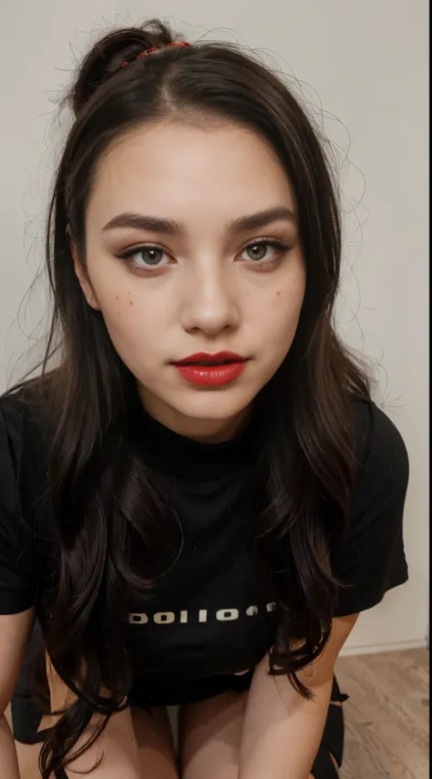 full view of a beautiful woman in 9:16 ratio wearing a black mini skirt, lustful , red lips, full face makeup, acne, pimples, spots, blemishes, looking adorable, gorgeous