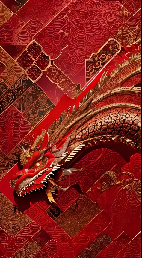 Red Chinese dragon，skin texture、Patterns、jubilation，UE5，red gold background