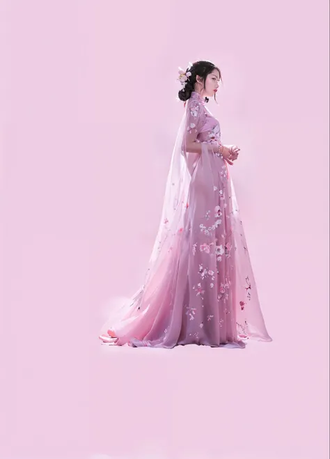 araffe woman in a pink dress standing in a pink room, wearing a pink ballroom gown, wearing pink floral gown, palace ， a girl in hanfu, pose 1 of 1 6, chinese princess, pink pastel, heaven pink, pink mist, soft elegant gown, wearing organza gown, sha xi, w...