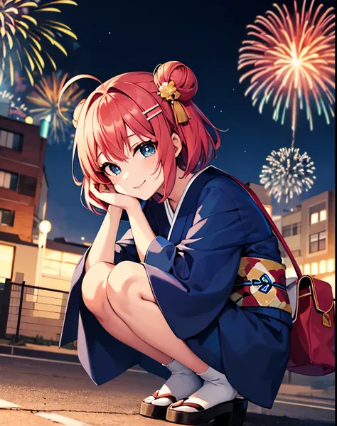 ((masterpiece)), anatomically correct, super detail, high details, high quality, best quality,a girl with red hair and blue eyes crouches down on the ground,(2 buns hair),((1 ahoge)),hair clip, anime visual of a cute girl, cute anime girl, young anime girl...