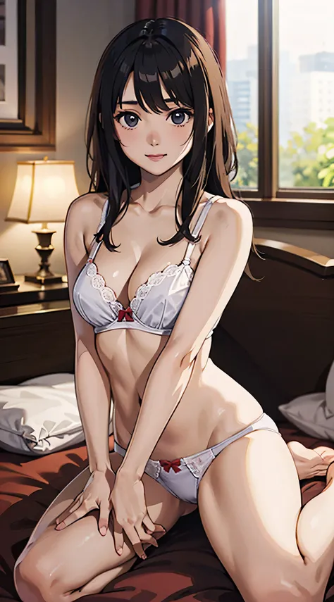 (8K、RAW Photos、top-quality、​masterpiece:1.2)、ultra-detailliert、超A high resolution、女の子 1 人、see the beholder、beautifull detailed face、A smile、牙、Detailed and precise hands, 4 fingers and 1 thumb,bra very、panties on、Girl trembling with sexual climax, Arms behi...