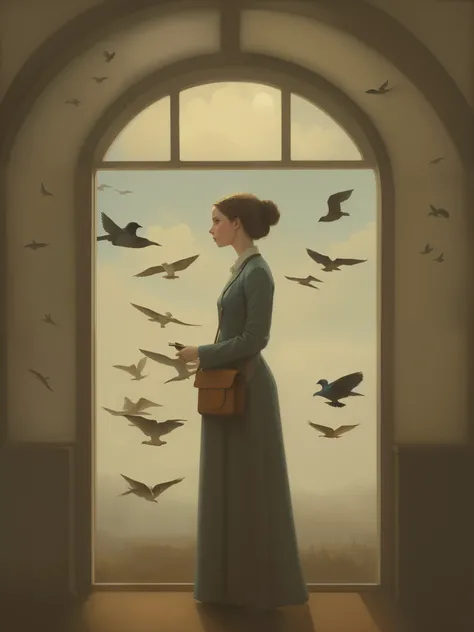 Painting of a blue-eyed, blonde-haired woman, standing in front of the window, birds fly overhead., ghibli Tom Bagshaw, Tom Bagshaw style, inspired Tom Bagshaw, Tom Bagshaw inspired, art Tom Bagshaw, Tom Bagshaw artstyle, artstyle Tom Bagshaw, Tom Bagshaw....