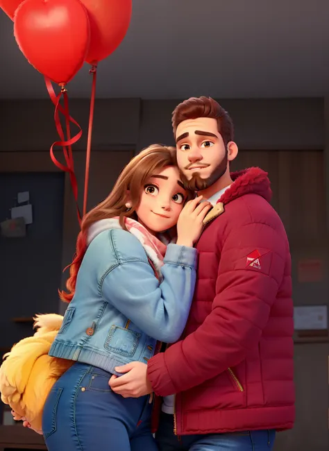 Casal qualidade alta, girl with jeans shirt , men with fluffy red jacket, cute couples, beard men