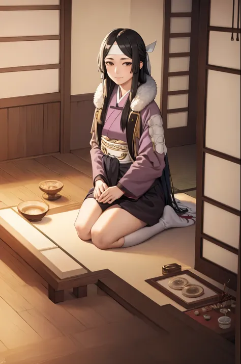 masterpiece, best quality, sayri, headband, japanese clothes, sash, fur trim, sandals, seiza, looking at viewer, indoors, japanese architecture, incense, slight smile