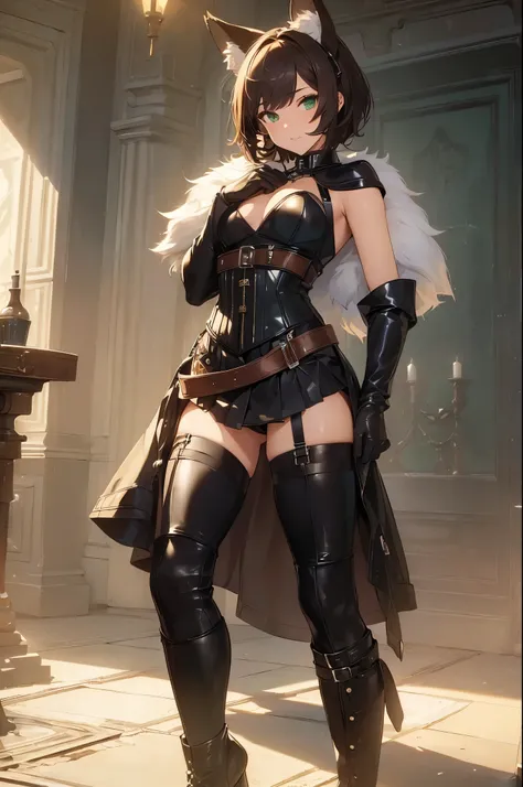 (Masterpiece: 1.5), (Best Quality: 1.5), (Perfect Face), Fox ears, Fox Tail, dark brown hair, green eyes, femboy, feminine male, flat chest, full body, leather skirt, short hair, fluffy hair, leather harness, thick tights, leather gloves, leather stockings...