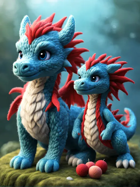 （doll design），（wool craft），（feel design），barbie and dragon，cute 3d rendering，shaggy，（wool craft）， background with：quiet blue and...