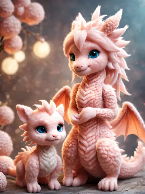 （jewelry design），（wool craft），（feel design），barbie doll and furry dragon，（wool craft）， cute 3d rendering，background with：soft pe...