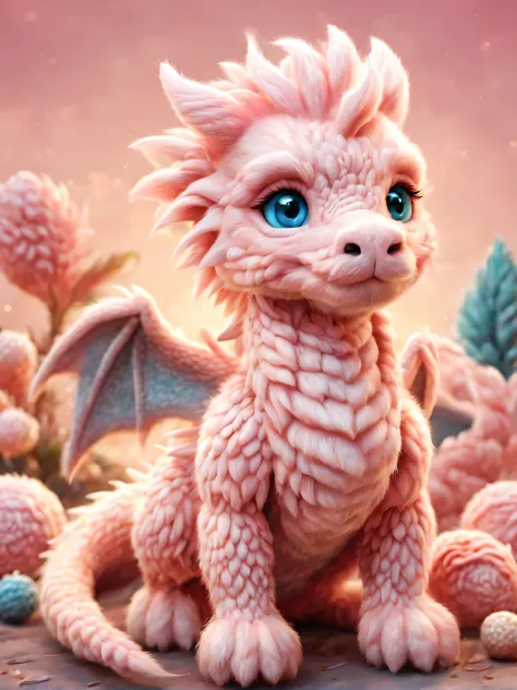 （jewelry design），（wool craft），（feel design），barbie doll and furry dragon，（wool craft）， cute 3d rendering，background with：soft pe...