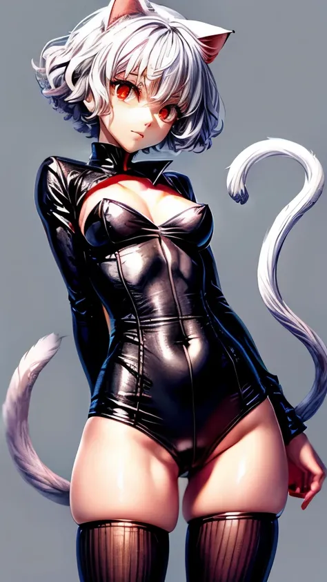 neferpitou, Short hair, (Red Eyes:1.5), Animal ears, hair between eye, tail, White hair, Cat ears, cat tail, Cat Girl, Curly hair, excited expressions、One Piece Tights，Enamel suit、sexy facial expression、Estrus look、small tit，discreet breasts，teats、teatsが立っ...