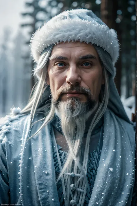 Ded Moroz, or Father Frost, is a central figure in Slavic folklore, Frosty Realms, Mythical Illustration, Wintry Realism, frozen Forests, Majestic