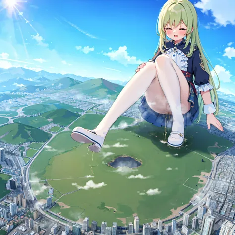 NSFW，​​{A giantess}，{1个Giant Girl}，{urinating}​​clouds， looking over city， mountain ranges， tmasterpiece, Best quality, The content is very detailed,tmasterpiece,Best quality,offcial art,extremely detaild的 CG unified 8k wallpapers，{{{A giantess}}}，Huge gir...