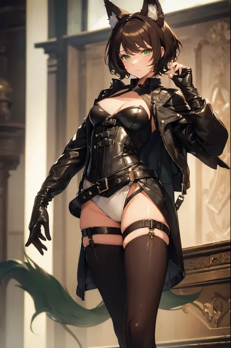 (Masterpiece: 1.5), (Best Quality: 1.5), (Perfect Face), 1person, Fox ears, Fox Tail, dark brown hair, green eyes, femboy, feminine male, no chest, full body, leather skirt, short hair, fluffy hair, leather harness, thick tights, leather gloves, leather st...