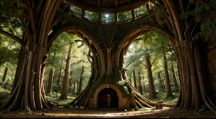 an impressive illustration of a giant tree with a hollow trunk curved into an arched entrance flanked by twisted wood columns. Warm lights filter out from the windows as young fairies flutter in and out. The oak is surrounded by smaller trees, wildflowers ...