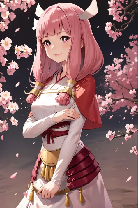 masterpiece, best quality, mitama, pink hair, star-shaped pupils, hair ornament, capelet, armored dress, standing, cherry blossoms, abstract background, looking at viewer, smile