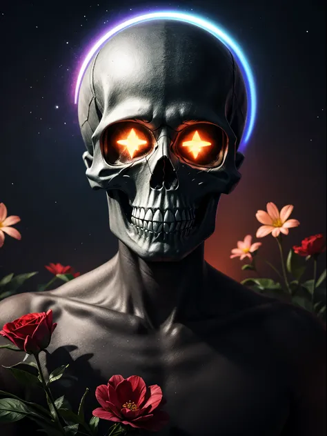 pixelated style,(glowing red,cross-shaped glow,blooming flowers)),interstellar misty background,polished,((silver skull)),light composition,rainbow,rainbow around the skull,vibrant,various structural power effect illustrations,glorious circular composition...