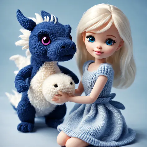 （Plush toy design），Naughty and cute Barbie doll and little dragon，（wool craft），Fluffy ，Cute 3d rendering，Background with：Dark blue and off-white，Cute and detailed digital art，Miniature feeling，stylized 3d render，3d rendered figure art 8k，lovely digital pai...