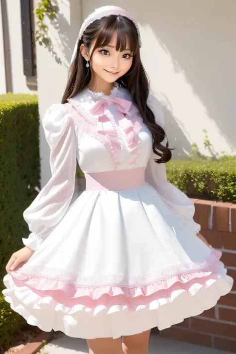 (Gothic, Cute, Classic fashion:1.2), (White classic bonnet on head:1.4), (White Long Sleeve Ball Gown:1.4)