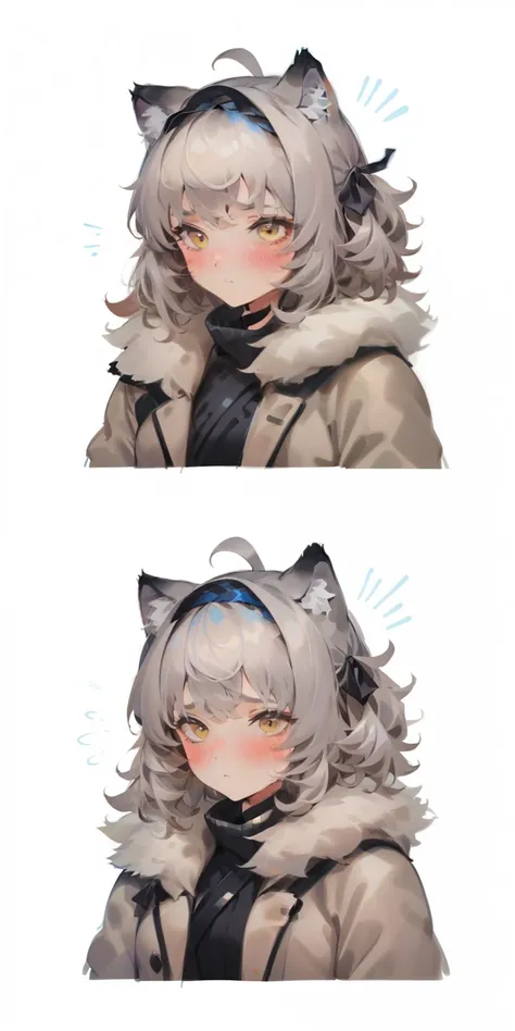 (sketch drawing), (old art style), (1girl), (blushing cheeks), (without emotions:1.3), (pallass cat ears), (gray hair), (thick fluffy hair), (medium hair), ( thick gray fur pallass cat coat), ((cold))