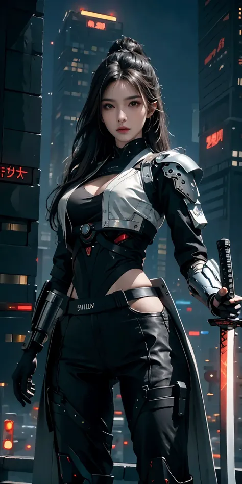 photorealistic, high resolution, soft light,1women, solo, hips up, (detailed face), long hair, cybersamurai, cyborg, cyberpunk,  cyber sexy armor, holding weapon,glowing,katana, city at night