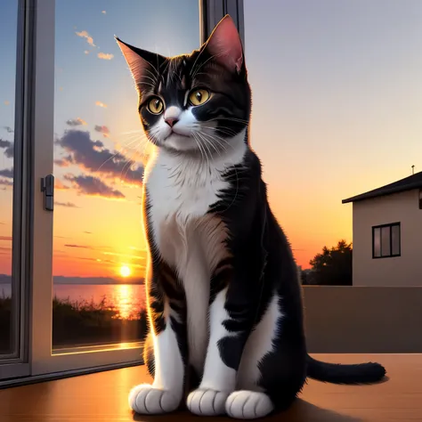 A little cat watching the sunset by the window