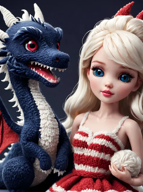 （Plush toy design），Naughty and cute Barbie doll and little dragon，（wool craft），Fluffy ，Cute 3d rendering，Background with：dark navy blue、off-white and merno red，Cute and detailed digital art，Miniature feeling，stylized 3d render，3d rendered figure art 8k，lov...