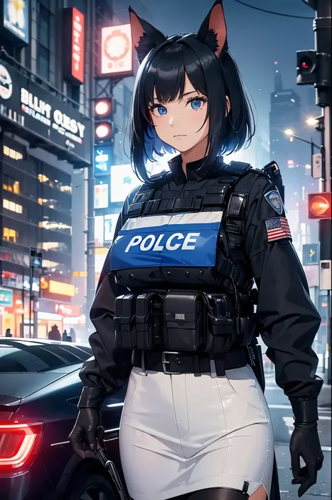 a 25 yo woman(Police officer London shorthair cat、Horse Ear、Her eyes are blue，It was beautiful.、Black bulletproof vest、New York City night view background、red and blue police lighteat、Crime scene、detailed detail