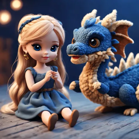 （Plush toy design），Naughty and cute Barbie doll and little dragon，（wool craft），Fluffy ，Cute 3d rendering，Background with：Dark blue and toffee brown，Cute and detailed digital art，Miniature feeling，stylized 3d render，3d rendered figure art 8k，lovely digital ...