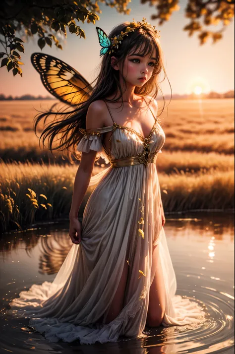 "((Innocent)) girl, golden hour, dreamy meadow, ethereal, whimsical, flowing dress, soft sunlight, enchanting, butterfly wings, (pastel clouds), liquid reflections