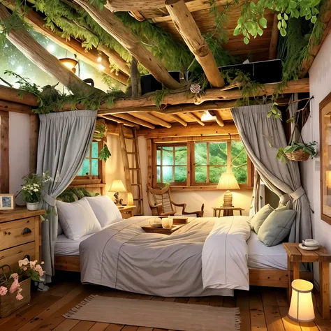 There is a bed，There is a tree in the middle, Comfortable treehouse bedroom, Cozy place, Cozy room, tomas kinkade. clean and comfortable room, Comfortable and attractive scene, Cozy bed, cottagecore!!, Storybook style, Cozy and calm, dreamy and detailed, F...