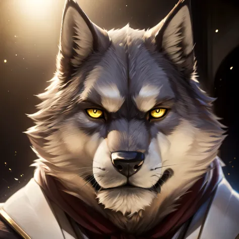 male, furry, big wolf, komamura sajin bleach, muscular, bigger wider chubby face, yellow eyes, (detailed wolf eyes:1.2) thick ey...