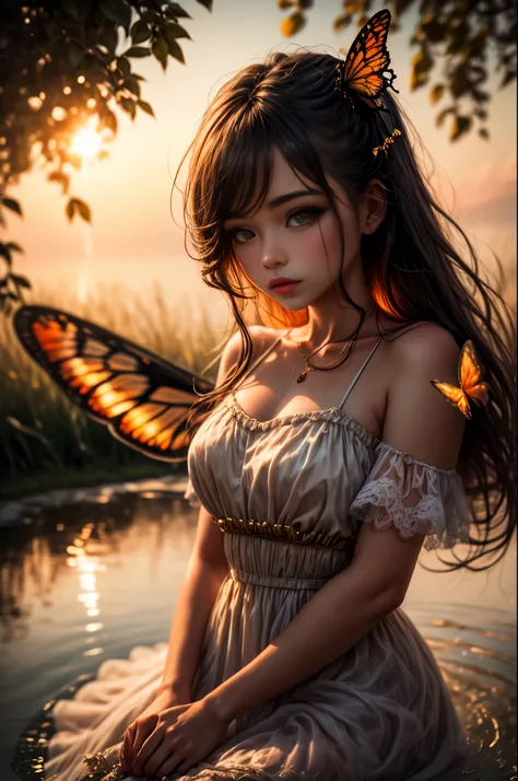 "((Innocent)) girl, golden hour, dreamy meadow, ethereal, whimsical, flowing dress, soft sunlight, enchanting, butterfly wings, (pastel clouds), liquid reflections