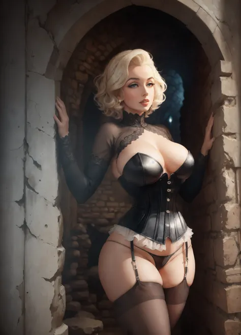 Marilyn Monroe with very large natural breasts standing in dungeon, BDSM, corset --auto --s2