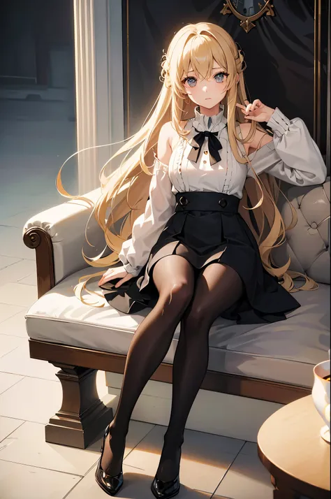 A high resolution, absurd res, high qulity, 1 girl, Alone, Count Zeppelin /(cancolle/), With gray eyes, Blonde hair, (:1.3), sitted, fireplace, dark chamber, Sweaters, lacepantyhose, teas