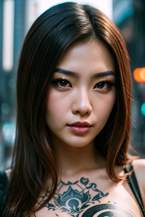 Close-up of a woman with a tattoo on her chest, Cyberpunk geisha, very beautiful cyberpunk samurai, Asian Hyper-Detailed, Portrait of a cyberpunk samurai, detailed face of a asian girl, beautiful cyberpunk girl face, Oriental Face, Intricate cyberpunk make...