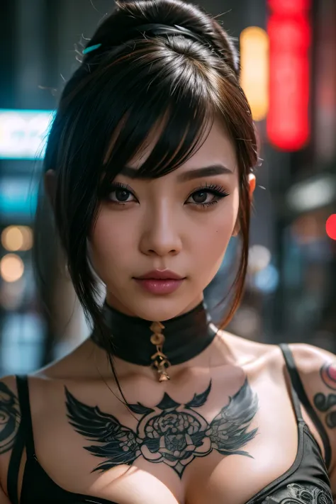 Close-up of a woman with a tattoo on her chest, Cyberpunk geisha, very beautiful cyberpunk samurai, Asian Hyper-Detailed, Portrait of a cyberpunk samurai, detailed face of a asian girl, beautiful cyberpunk girl face, Oriental Face, Intricate cyberpunk make...