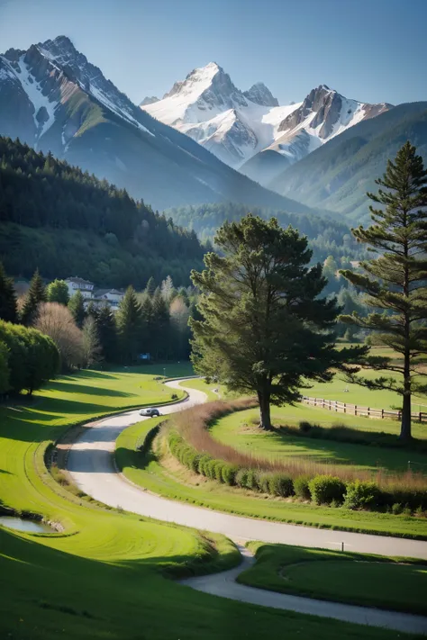 Landscape painting-like scenery，Its heart-warming。The green lawn stretches endlessly，Connected with mountains in the distance，form a moving picture。