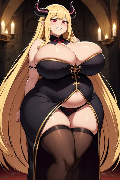 extremly obese and thicc demoness , silk waist-long blond hair , big round firm belly, demon robes, black horns, intimidating grin, hd, high quiality,obese, creppy castle, cute ribbon, pure evil, sharp teeth