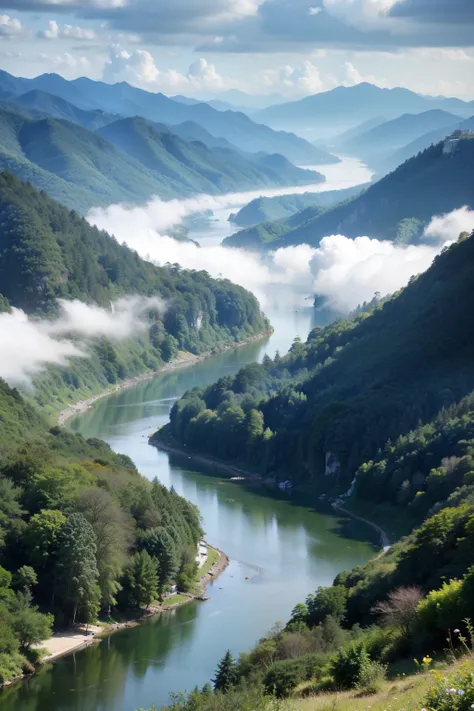 Magnificent pictures of mountains and rivers on the vast land，The mountains are undulatinountains and mountains。Standing on the top of the mountain and overlooking，Clouds and mist in the valley，Its like a fairyland。green mountains、Green water and endless n...